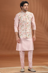Pink Silk Printed Kurta Pajama with Jacket
